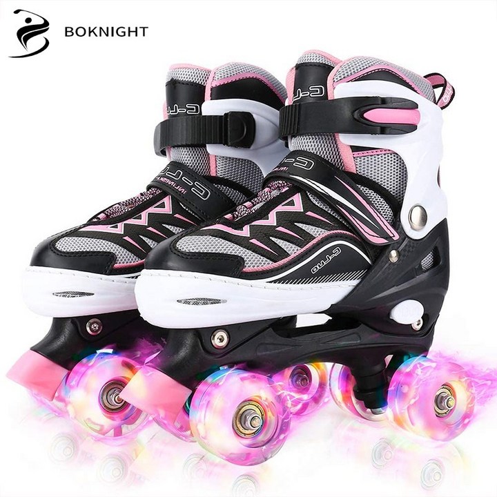 유아롤러스케이트 복나이트 롤러스케이트 롤러장 더블 반짝이 인라인스케이트, 핑크 블랙