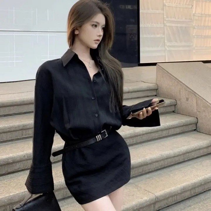 여성 셔츠 원피스 미니 여성 기질 고급감 허리벨트 슬림핏 셔츠 스타일 바디콘 미니 원피스 LT