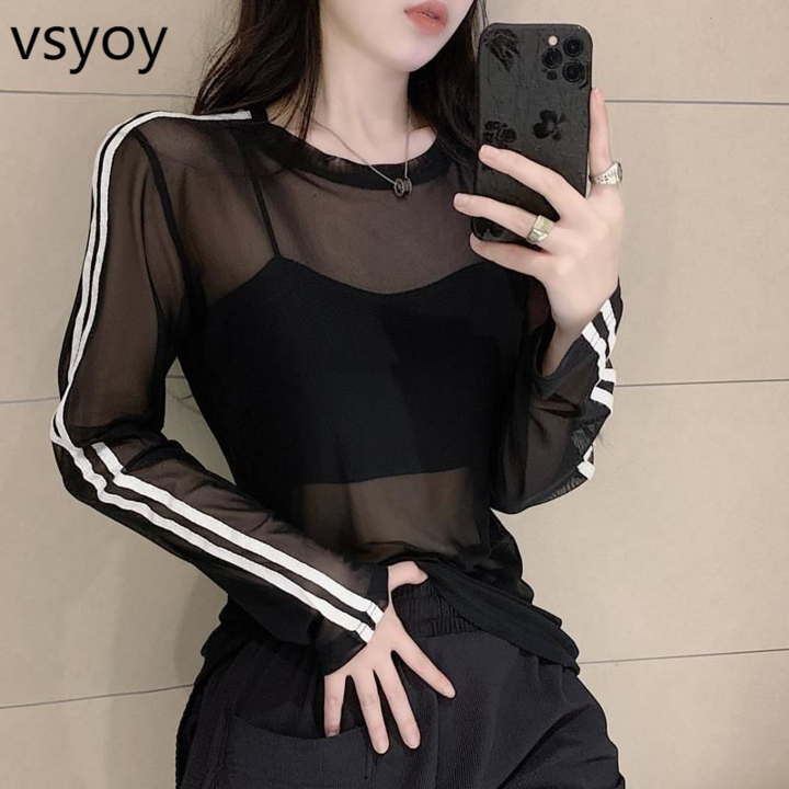 vsyoy 메쉬 스티칭 스트라이프 썬 스크린 블라우스 여름 여성용 슬림 핏 슬리밍 탑 티셔츠