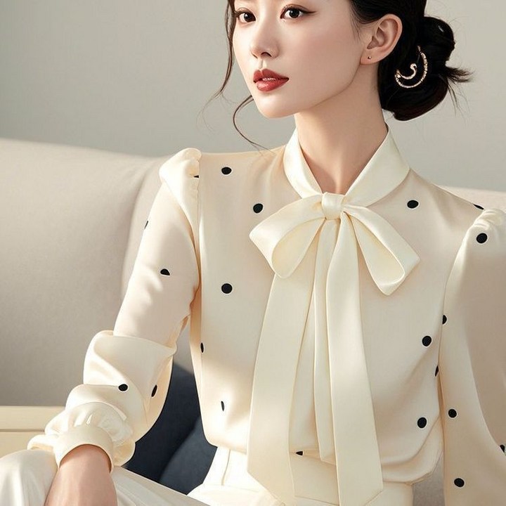 25 여성 봄 블라우스 상의 레트로 스타일 패션 새틴블라우스 트렌디한 샤오샹 도트 리본블라우스 엄마옷 25 여성 봄 블라우스 상의 레트로 스타일 패션 새틴블라우스 트렌디한 샤오샹 도트 리본블라우스 엄마옷