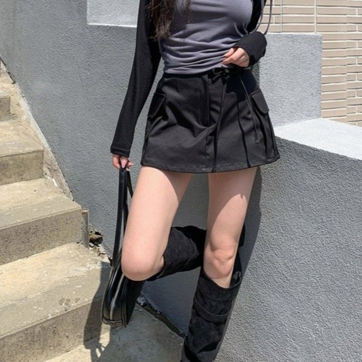 시크블랙 파란하 스트링 카고 치마바지 cpsk7369k58