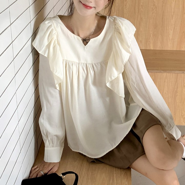 앤드스타일 여성용 윙즈프릴 키홀넥 긴팔 블라우스 261303