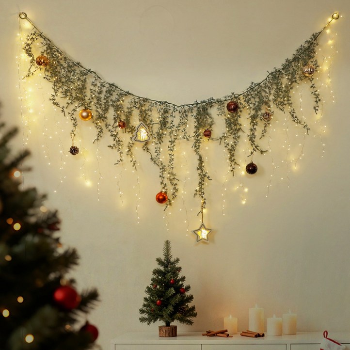 크리스마스 오너먼트 조화 가랜드 LED전구 조명 벽트리
