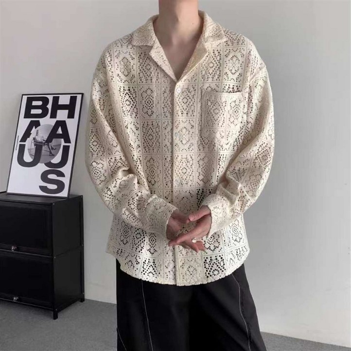 MOSAIRATION남성용 퀼트 니트 긴팔 봄 가을 카주얼 루즈핏 레이어드 펀칭 트렌드 코디 무지 브이넥 긴팔 와이셔츠 상의 Z18