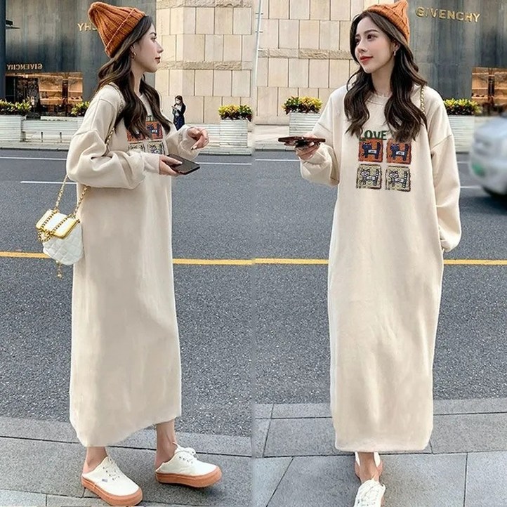 꽃소담 여자 루즈핏 캐릭터 라운드 롱 맨투맨 원피스 봄가을 여성 롱티   XP1329