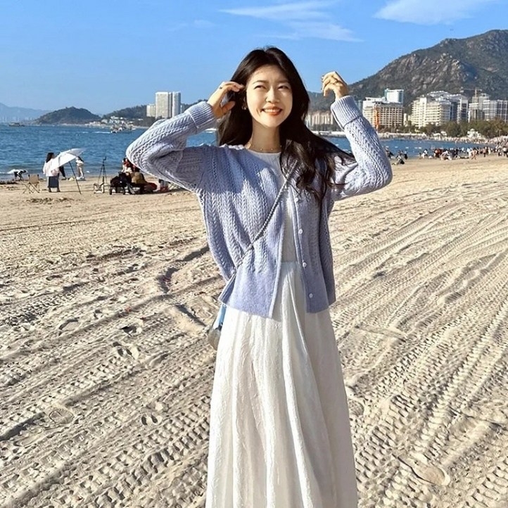 해피유통 여성용 봄 가을 빈티지 니트 가디건 긴 원피스 세트 심플 우아한 스타일 LMY