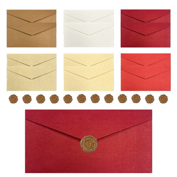 일상가 고급 린넨 현금 봉투 6종 실링 밀랍 스티커 세트 용돈 봉투, 12개, 혼합색상