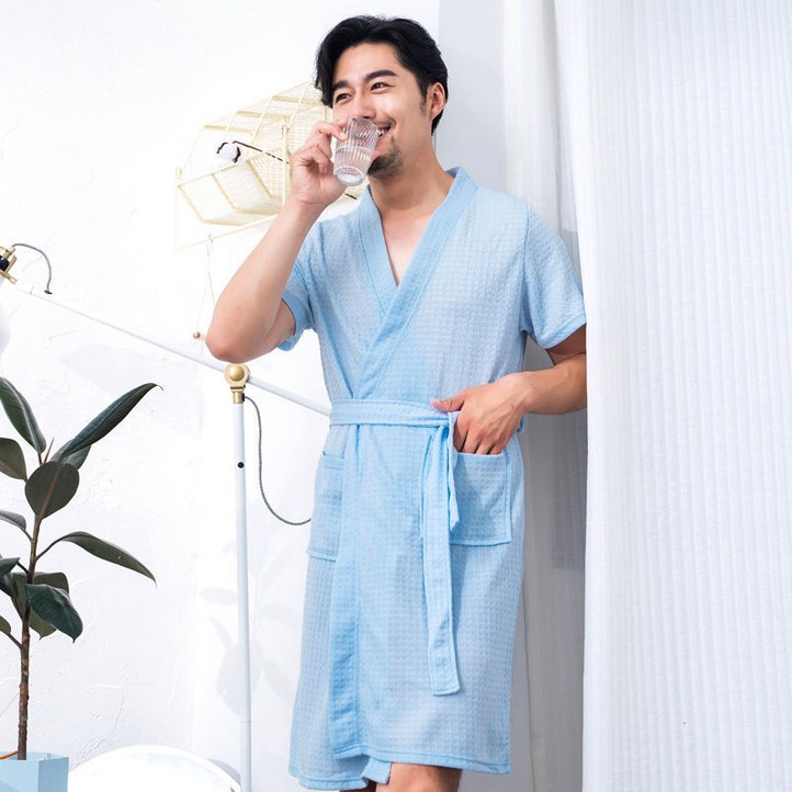 루즈핏 샤워 목욕가운 여름 여자 얇은 반팔 가운 남성 여성 잠옷 춘추 실내복 호텔 미용실