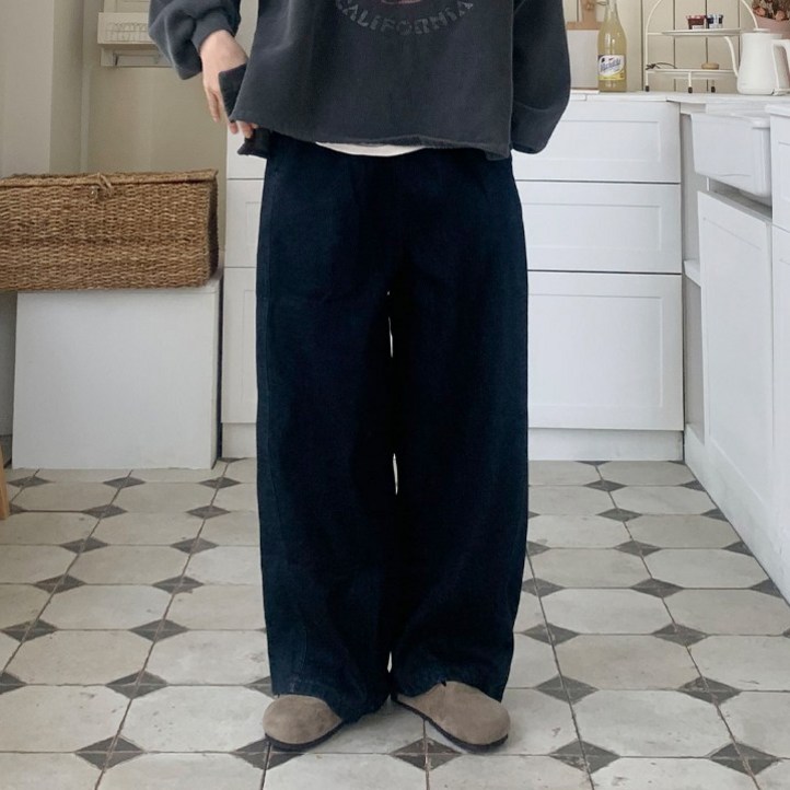 애플망고옷장 오버핏 겨울 기모 융털 바닐라 6912 데님 통밴딩 팬츠