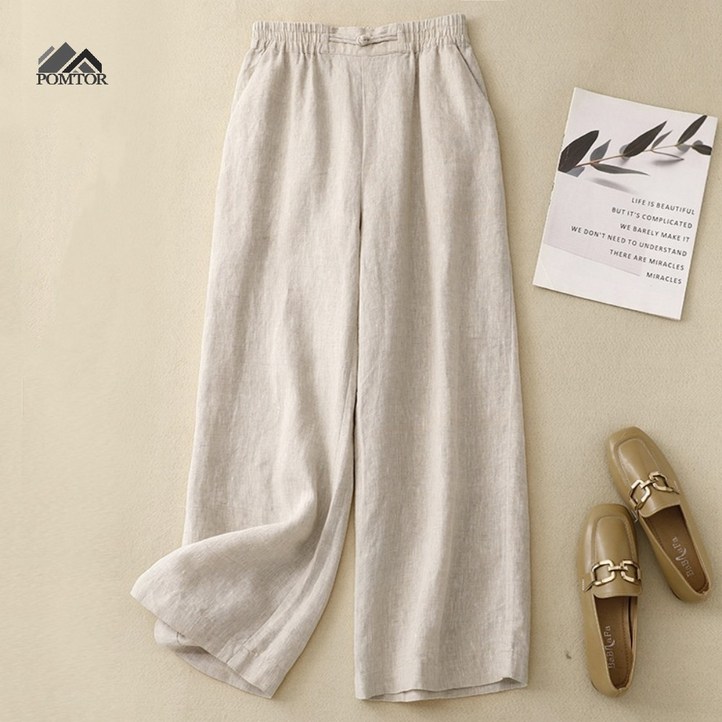 POMTOR 여성 여름 린넨 와이드 팬츠 밴딩 바지 데일리룩 린넨 통바지