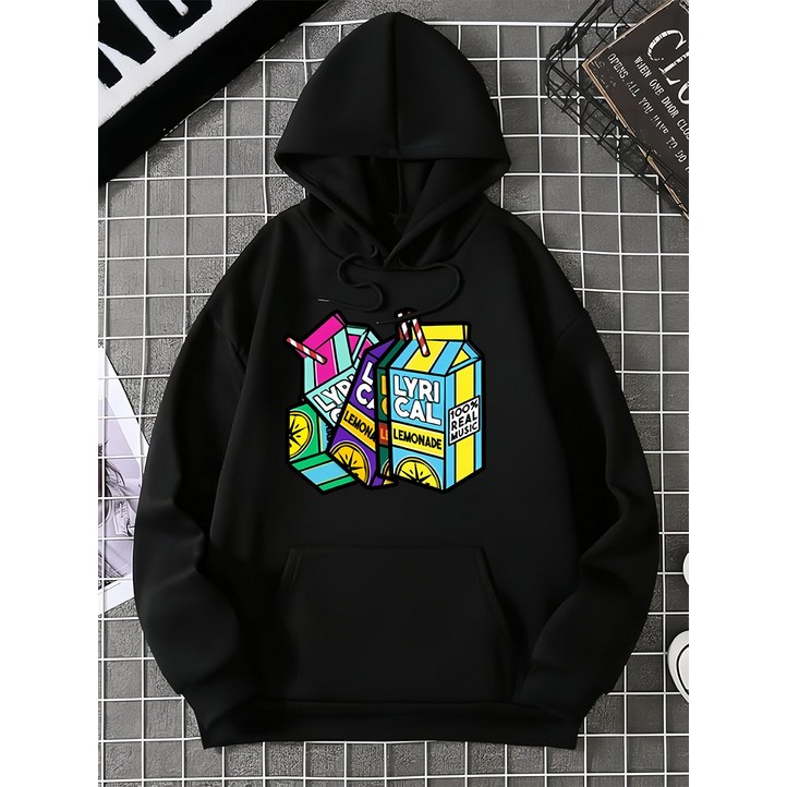 남성용 리리컬 레모네이드 그래픽 후드티  블랙 기하학적 레모네이드 상자 프린트 스트리트웨어 스웨트셔츠