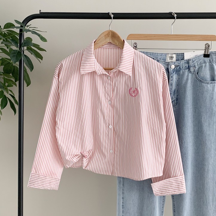 행복여 랄프 자수 레터링 스트라이프 반크롭 셔츠 남방