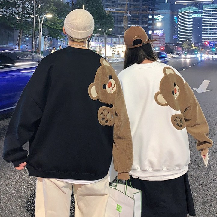 NEW 가을 남녀 공용 곰돌이 패치 라운드 맨투맨 남자 패션맨투맨 캐주얼 루즈핏 커플룩 빅사이즈 맨투맨