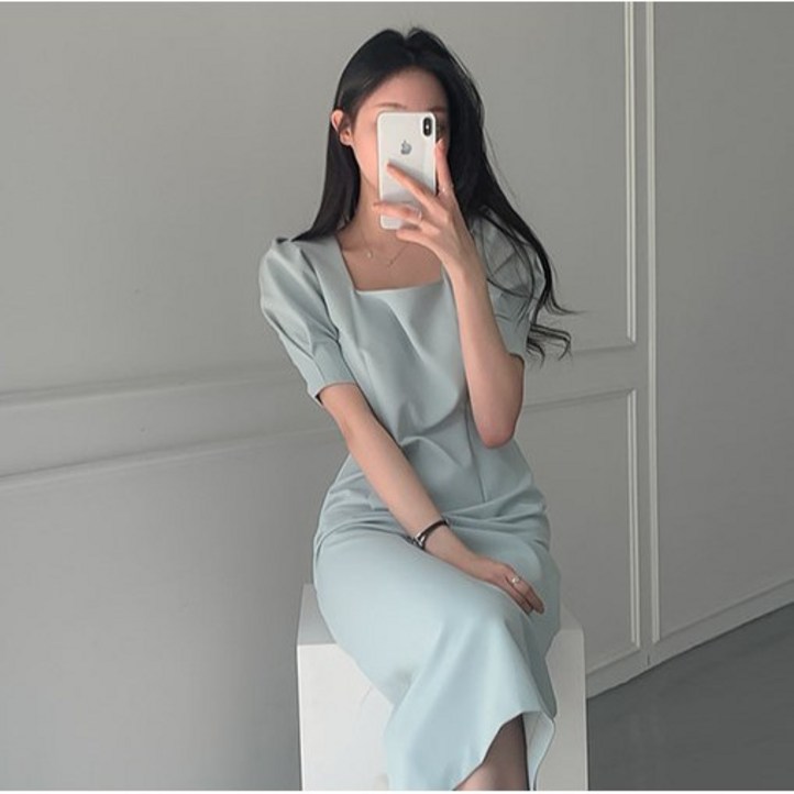 예쁨시전 웨딩룩 스퀘어넥 어깨퍼프 반팔 핀턱 롱 원피스