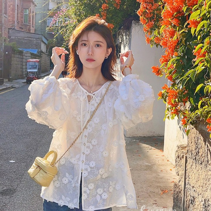 해피유통 여성 봄가을 퍼프소매 셔츠 부드러운 프렌치 시크 상의 예쁜 블라우스 why