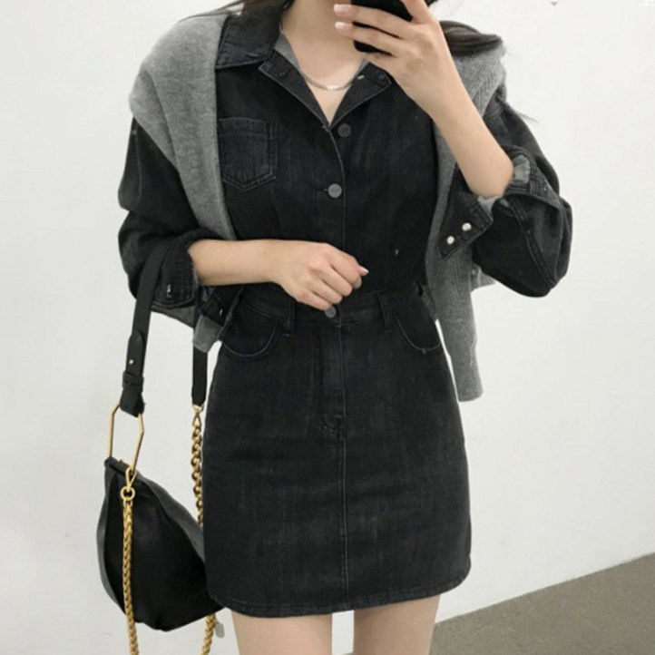 랜덤플레이 데님 포켓 셔츠 원피스