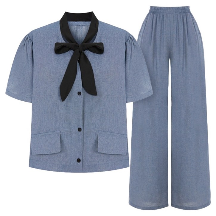 샐리 리본 타이 반팔 자켓  팬츠 세트 I6BCSE001