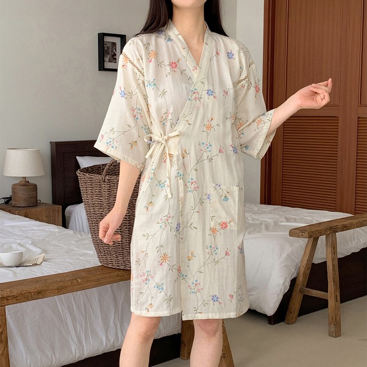 공유 여성용 플로럴 얇은 여름 면 샤워가운 Free