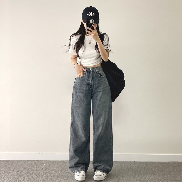 위드후이린 여성용 컴포터블 일자 와이드 데님 팬츠 기본