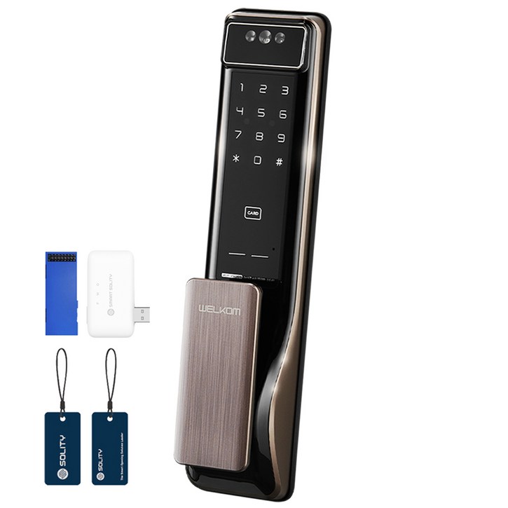 솔리티 웰콤 얼굴인식 푸시풀 디지털 손잡이 있음 도어락 WSP2900A  블루투스 모듈  스마트 브릿지  카드키 2p 세트