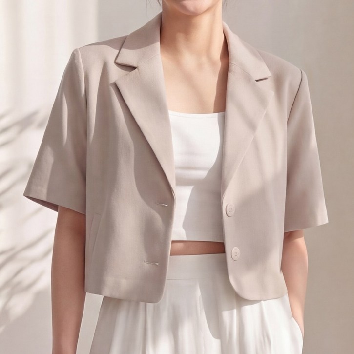 라뷰드 여성 여름 싱글 세미 크롭 반팔 자켓 여자 봄가을 여름 정장 루즈핏 카라 아우터 시원한 데일리 캐주얼 페이크 포켓 겉옷