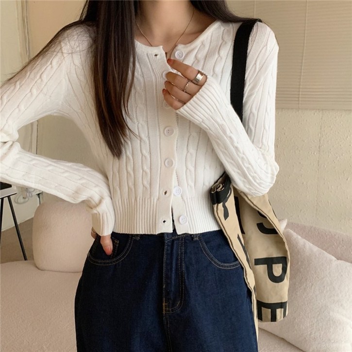 라베 여성 데일리 간절기 꽈배기 니트 라운드 크롭 가디건