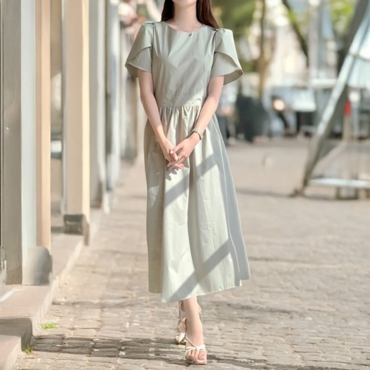 여성 여름 심플 꽃잎 소매 라운드넥 반팔 원피스