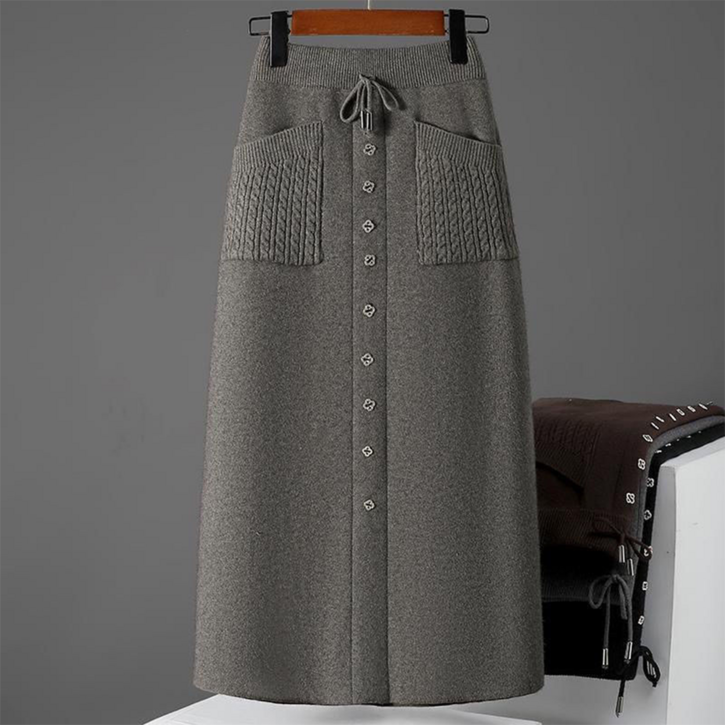 VVRR 여성 드로우스트링 장식 단추 포인트 포켓 디자인 니트 반신스커트 C0102902