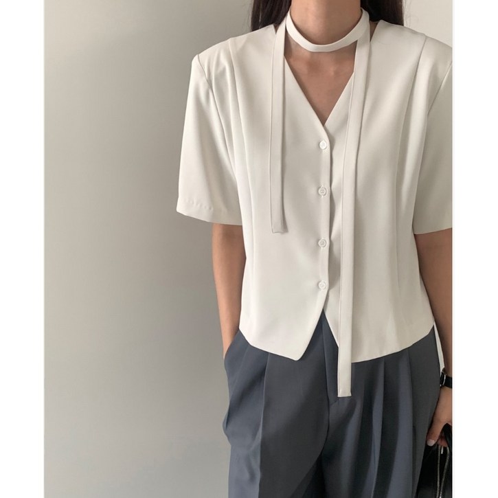체인지쉬(change she)여성 브이넥 벨티드 정장핏 반팔 자켓 심플 블라우스