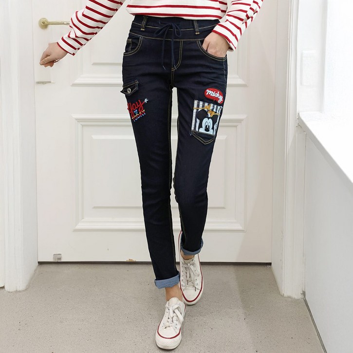 중년 여성 봄 여름 디즈니 정품 캐주얼 데님 팬츠 귀여운 허리밴딩 청바지