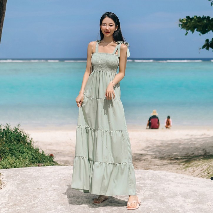 비치팜시트리 리본 비치 원피스 밴딩 롱 휴양지 리조트 웨어