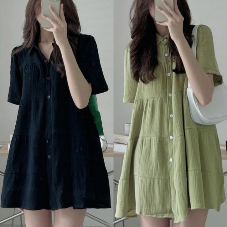 에쥬아 핀턱 셔츠원피스 반팔 브이넥 루즈핏 미니원피스 빅사이즈 데일리룩 하객룩