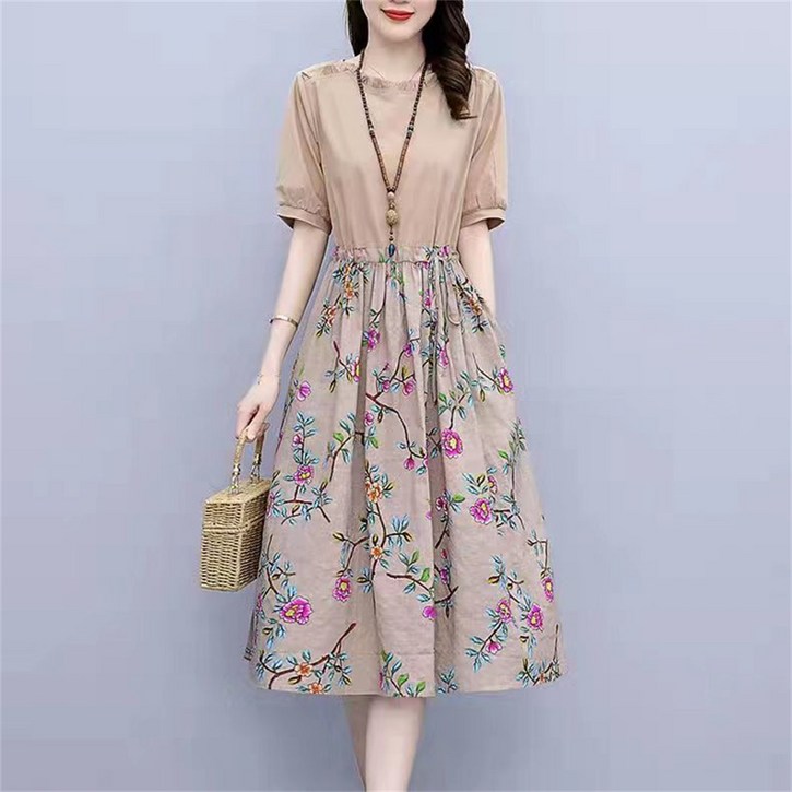 besteffie 여성 여름 원피스 심플한 스타일 허리 리본 디자인 A라인 드레스 라운드 프릴 5부소매 엄마 옷 K92