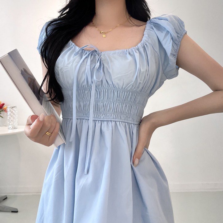 투디 발레핏 리본 프릴 퍼프 오프숄더 밴딩 스모크 롱원피스, 3컬러