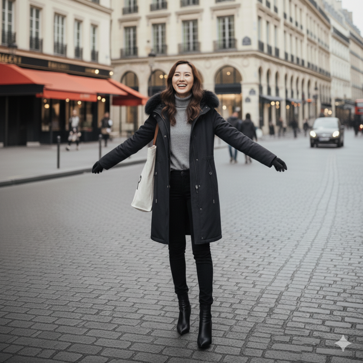 바이니니 여자 겨울 퍼 코트 롱 패딩, 풍성 퍼 후드, 따뜻한 아우터