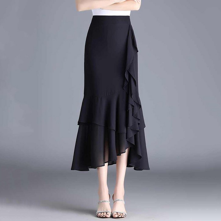 여름 여성 캐주얼 솔리드 쉬폰 머메이드 플레어 스커트 언밸런스 치마