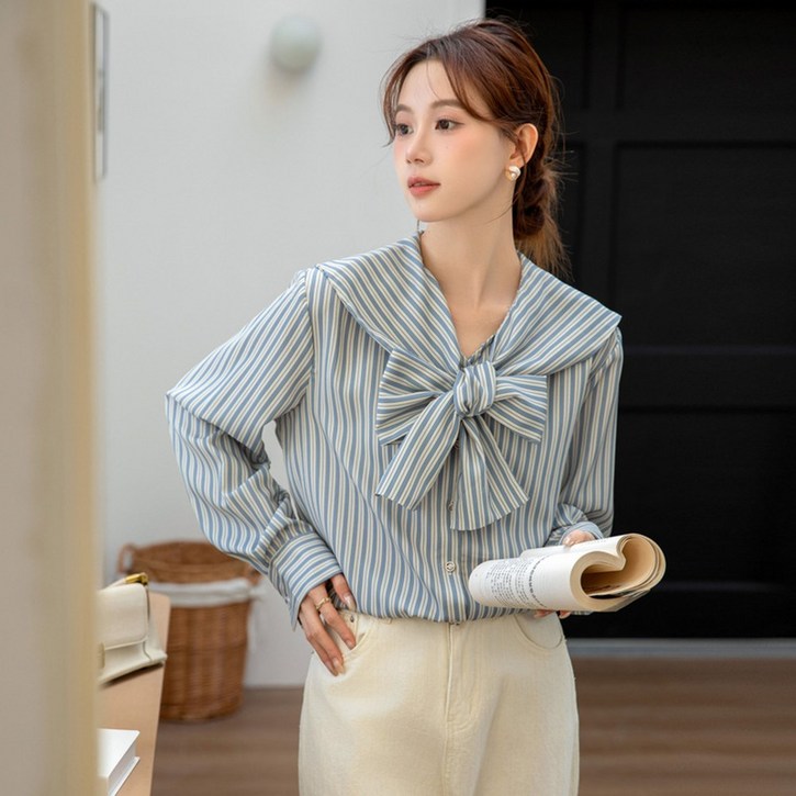 슈퍼인 여성 봄가을 스트라이프 리본 셔츠 캐주얼 긴팔 블라우스