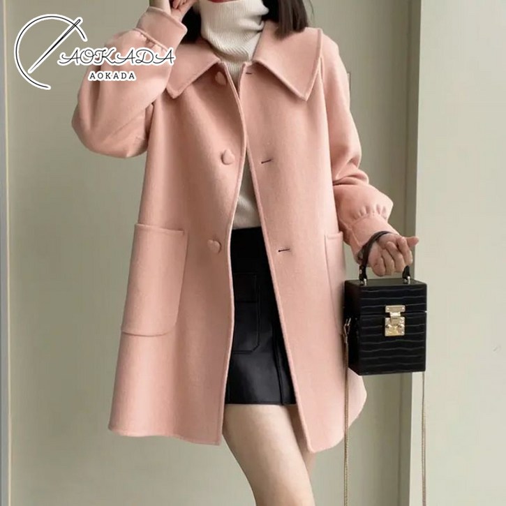 AOKADA 여성 간절기 하트 단추 빅 포켓 반코트 미디 모직 코트