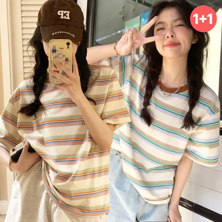 티니플럼모드 1+1 루즈핏 스트라이프 반팔티셔츠
