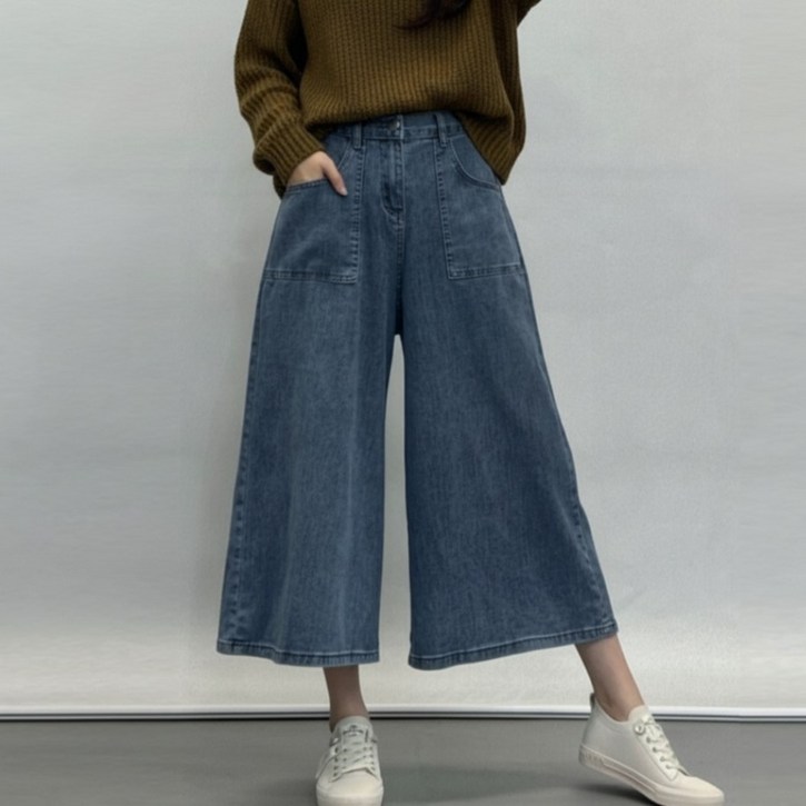 사라7351 부드러운 감탄스판 뒷밴딩 와이드 청바지 8부 청통바지 데님 치마바지 봄 여름 가을 겨울