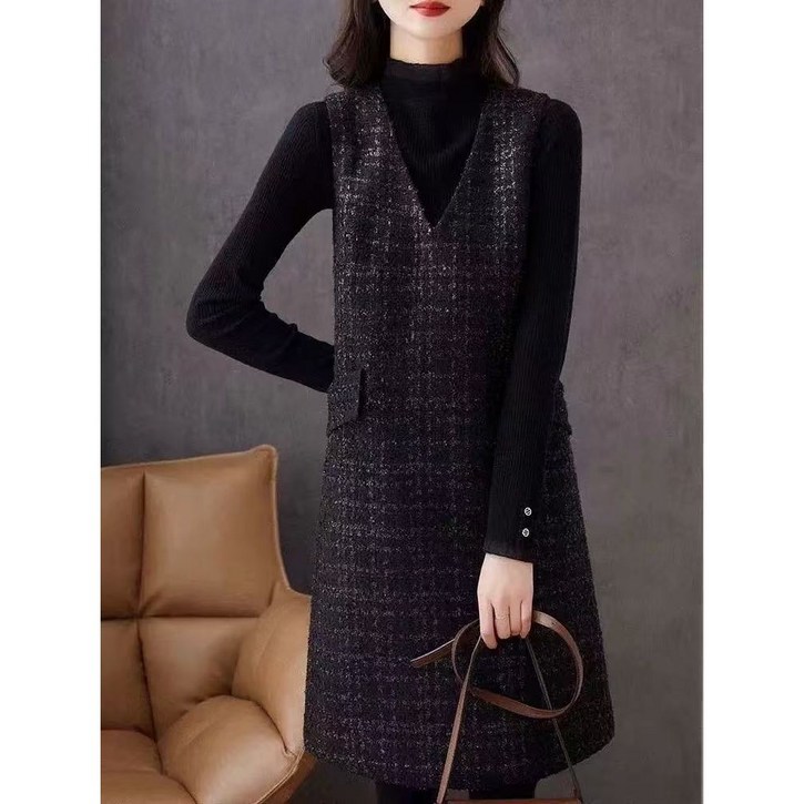 에버리씽 여성 트위드 브이넥 민소매 미디 조끼 원피스 Q21695