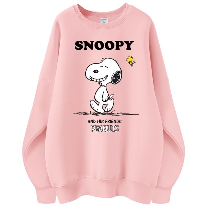 스누피 정품 남녀공용 오버핏 캐릭터 라운드 맨투맨 빅사이즈 데일리 티 루즈핏 커플 티셔츠 남자 여성 롱티 단체티 해피스누피