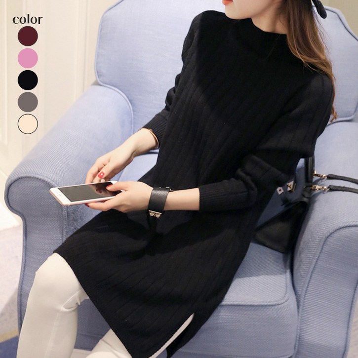 스타일아유 옆 트임 라운드넥 반목폴라 풀오버 골지 니트 스웨터 원피스 AYA8KN0061