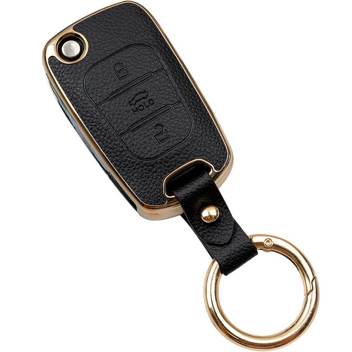 바이어블 현대 기아 호환 YF 소나타 아반떼 MD 투싼 싼타페 CM 3버튼 TPU 가죽 키케이스 키홀더 키링, 3버튼(TL10), 블랙골드