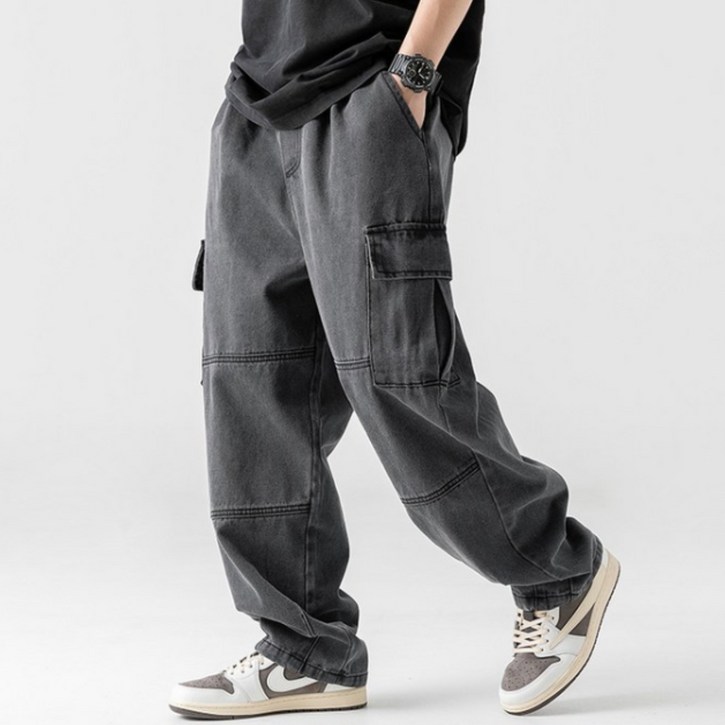 코디코치 남성 청화 복고 바지 캐주얼 와이드 카고 워싱 데님 팬츠