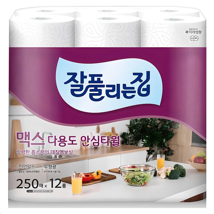 잘풀리는집 맥스 다용도 천연펄프 롤키친타올, 250매, 12개