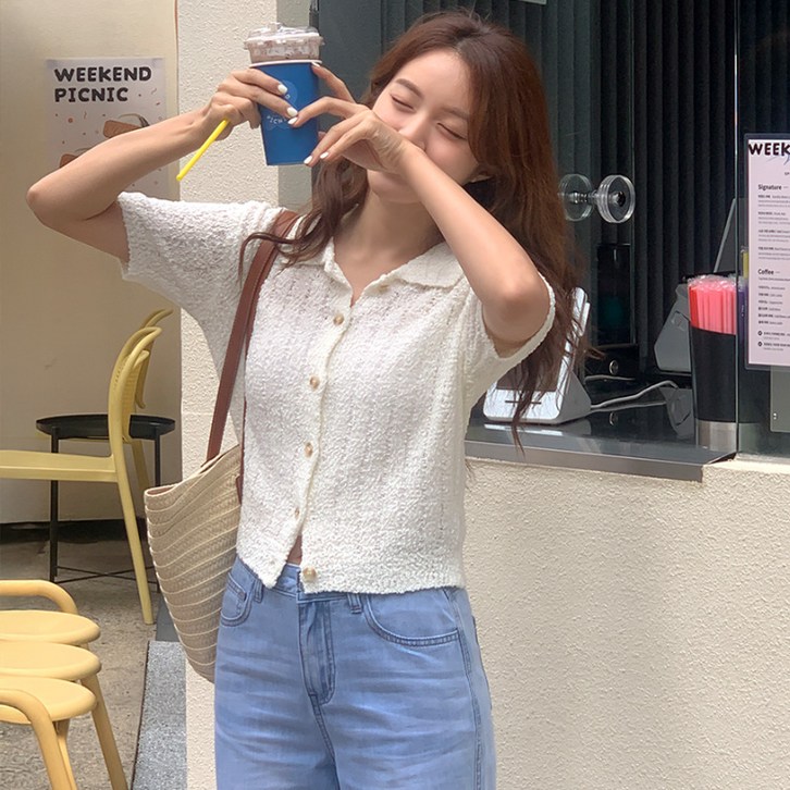 니썸 여성용 팡팡 카라 반팔 가디건 2