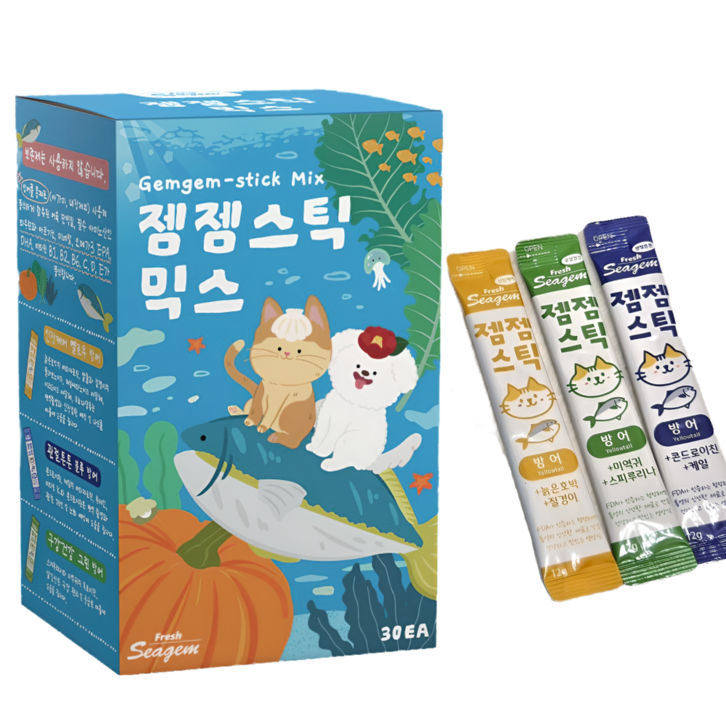 젬젬스틱 믹스 고양이 강아지 방어 간식 츄르 신장 관절 구강 토탈케어 대용량 저칼로리 12gx30스틱