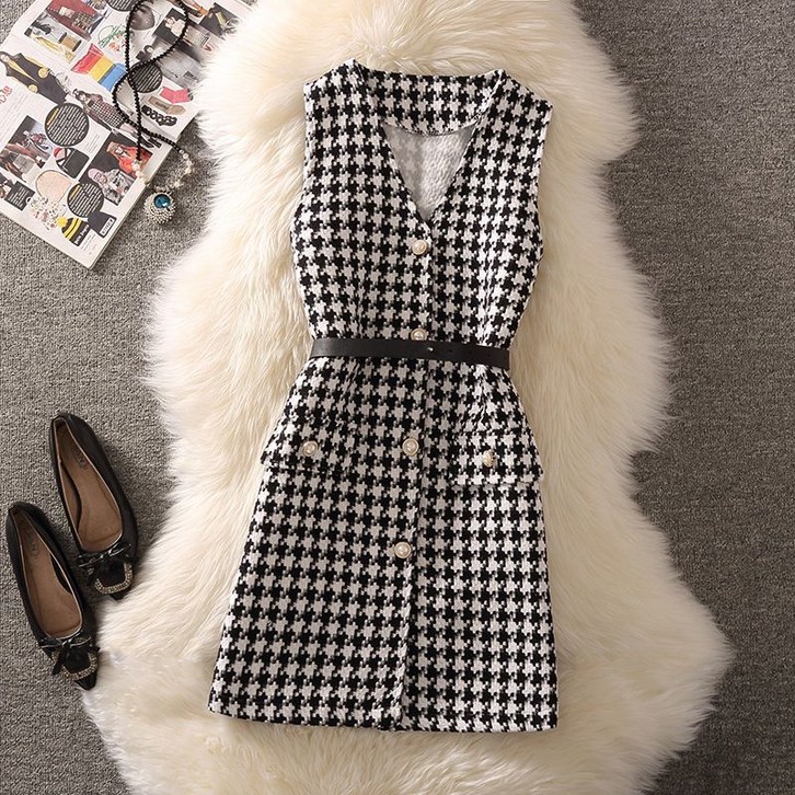 여성 봄 가을 트위드 조끼 원피스 패션 하운드투스 베스트 겨울 슬림핏 체크 모직 원피스 시크룩 소향풍 기질 아우터 YMY