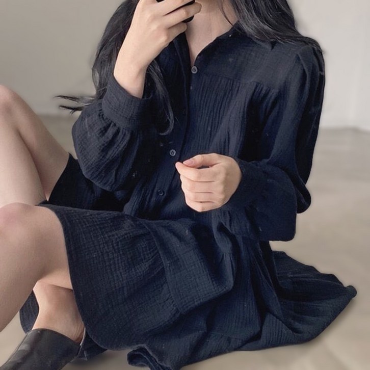 키뭉 주름 단추 셔츠스타일 슬리브 원피스